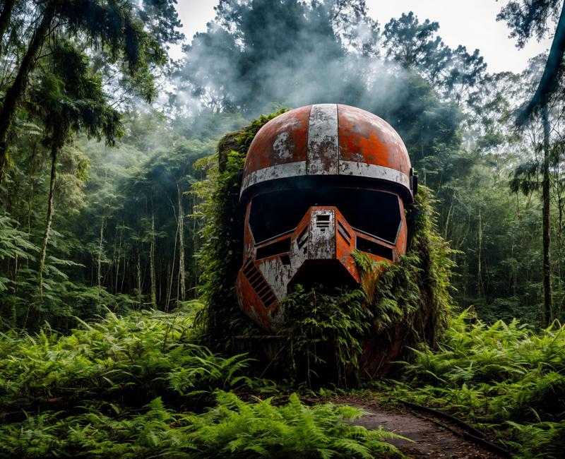 01070-109220851-(raw photo_1.2), a strange looking trooper mask as building in the middle of a forest, concrete, rust, overgrown jungle, photore.jpg